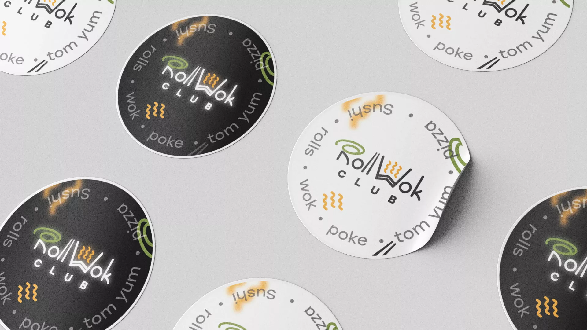 Разработка дизайна наклеек для суши-бара «Roll Wok Club» в Трёхгорном